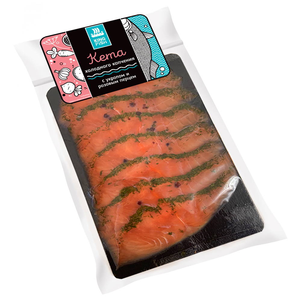 Изображение товара Кета Kingfish с укропом и розовым перцем ломтики холодного копчения, 120г