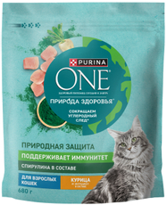Корм сухой Purina One Природа Здоровья для взрослых кошек со спирулиной с высоким содержанием курицы, 680г