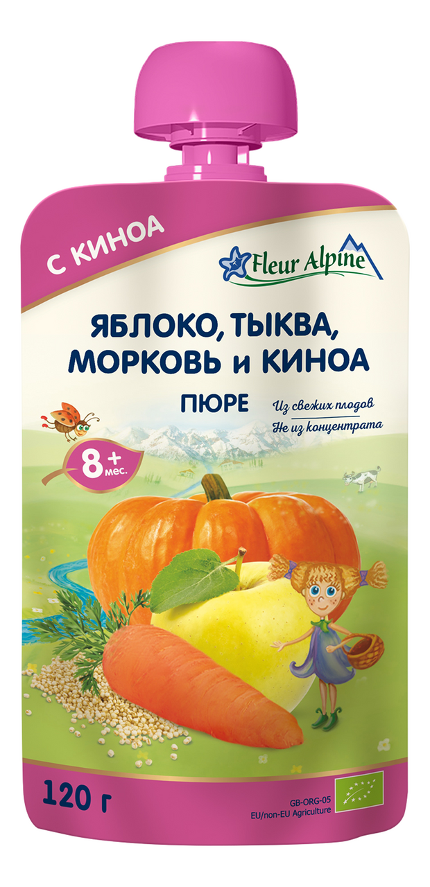 Изображение товара Пюре фруктово-овощное детское Fleur Alpine Яблоко, морковь, тыква и киноа с 8 месяцев, 120г