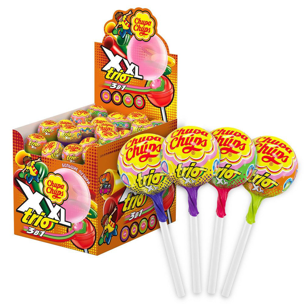 Карамель Chupa Chups XXL Trio с жевательной резинкой, 29г x 40 шт