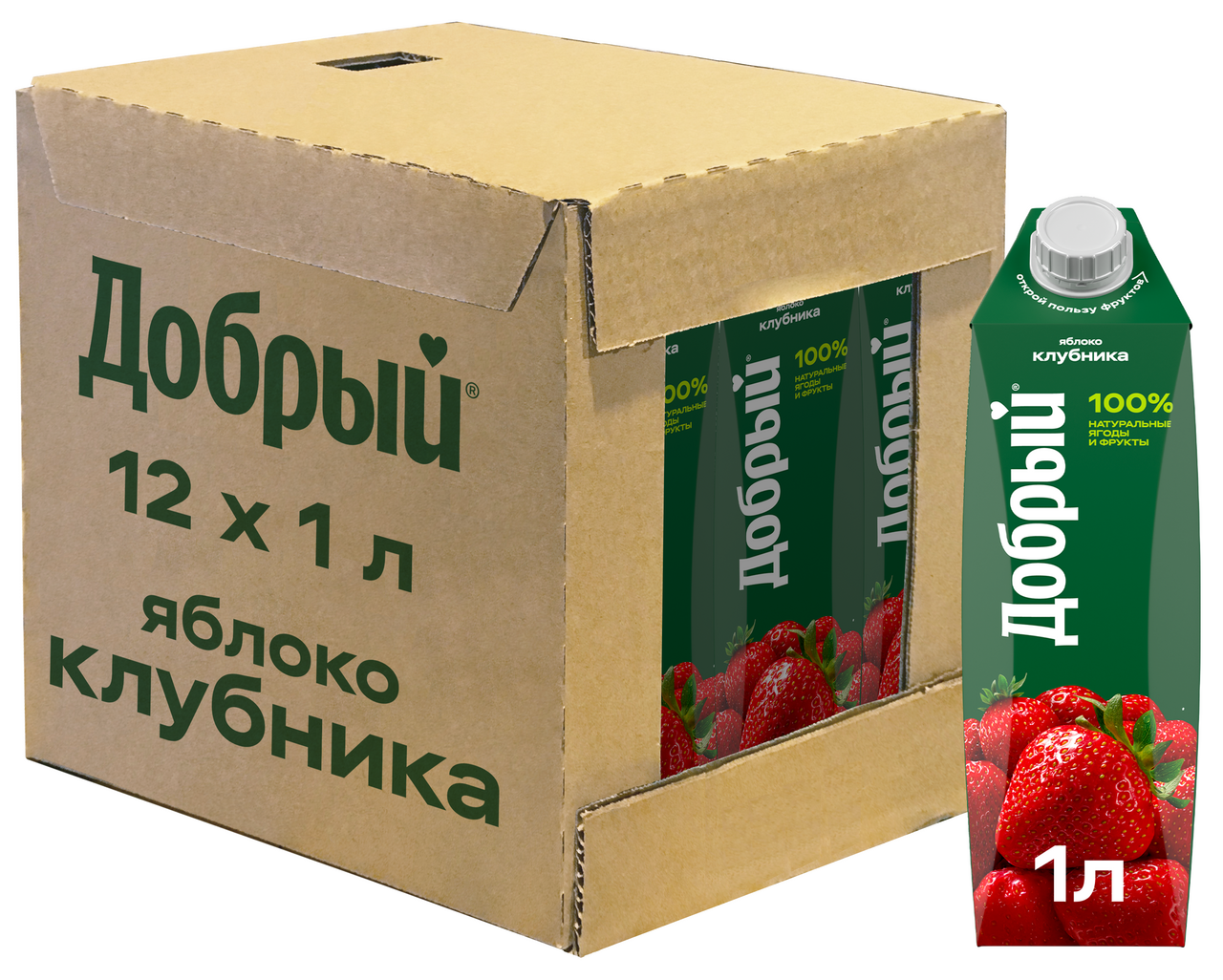 Напиток сокосодержащий Добрый яблоко и клубника, 1л x 12 шт