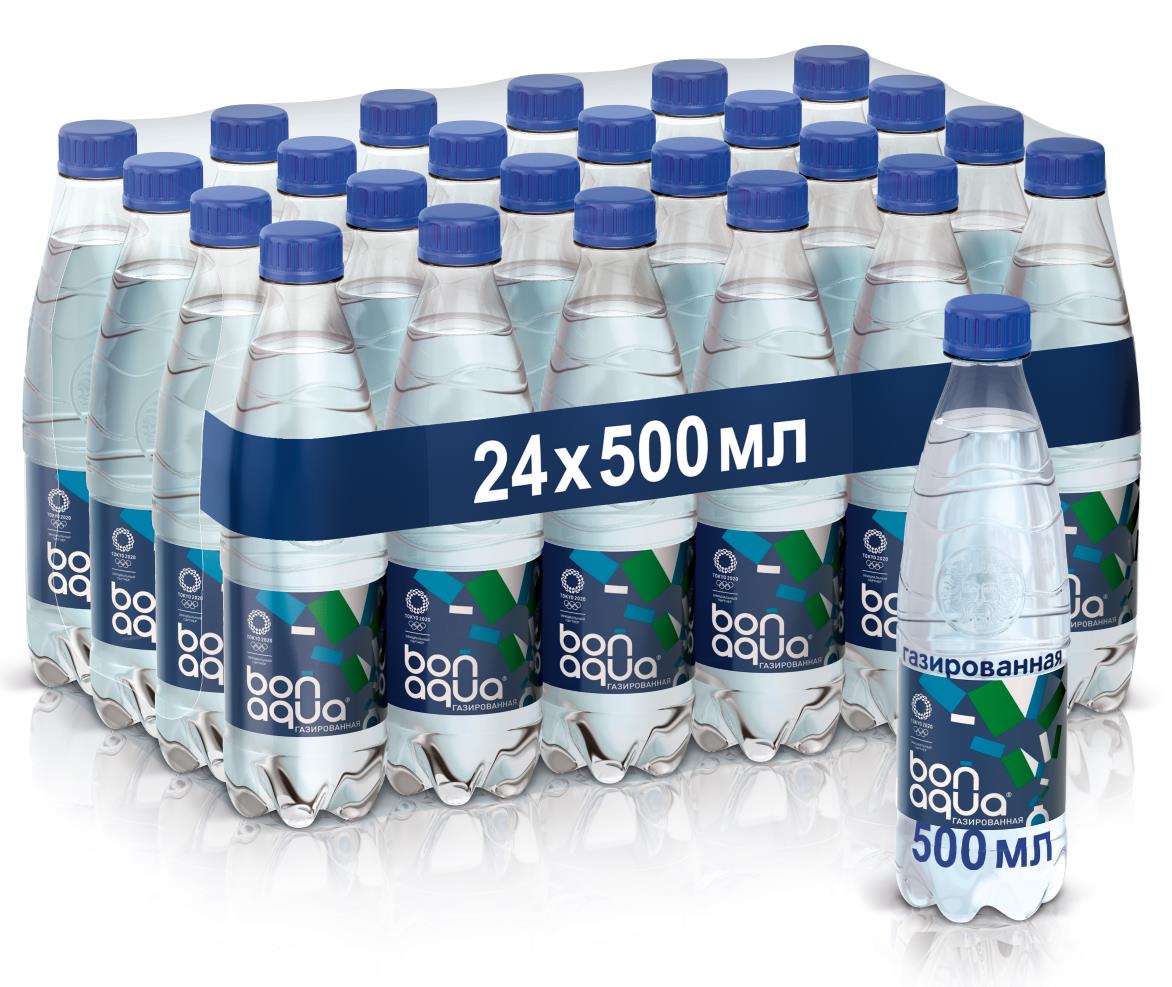 Вода питьевая BONAQUA газированная в упаковке, 24х0,5л