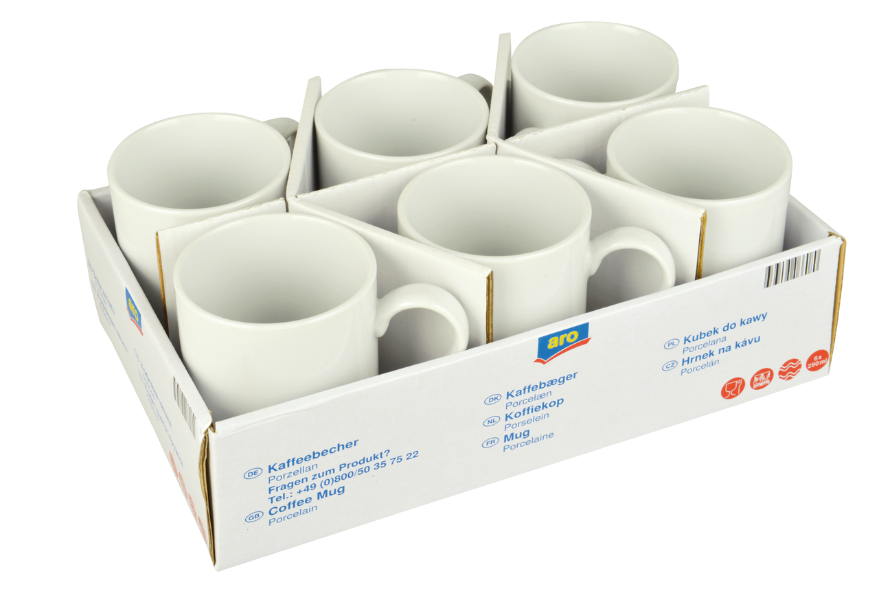 Изображение товара Набор из 6 фарфоровых кружек объемом 290 мл для микроволновки и посудомоечной машин