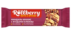 Батончик Rollberry миндаль-арахис с ягодами клюквы, 40г