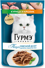 Корм влажный Гурмэ Перл Мясной Дуэт для взрослых кошек со вкусом кролик и курица нежное филе в соусе, 75г
