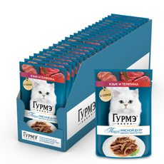 Корм влажный Гурмэ Перл Мясной Дуэт для взрослых кошек со вкусом язык и телятина нежное филе в соусе, 75г х 26 шт