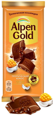 Шоколад молочный Alpen Gold Тропический кокос с фруктовыми кусочками со вкусом манго, ананаса, маракуйи, 80г