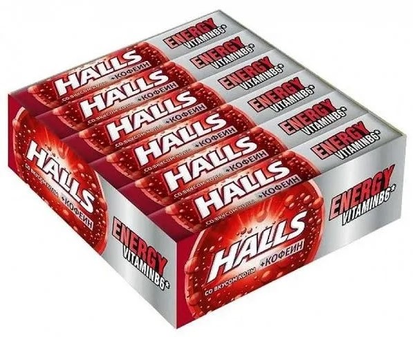 Карамель леденцовая Halls с кофеином, витамином В6 и вкусом колы, 25г x 12 шт