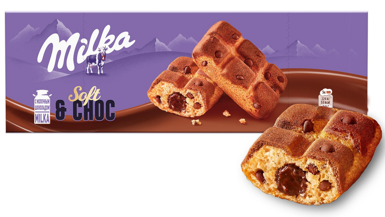 Пирожное бисквитное Milka Biscuits Милка с шоколадной начинкой и кусочками молочного шоколада, 175г
