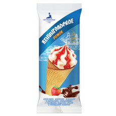 Мороженое сливочное Ленинградское Ванильное с клубничным наполнителем в вафельном рожке ГОСТ 10%, 100г