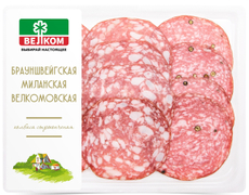 Колбаса Велком Брауншвейгская-миланская-велкомовская сырокопченая нарезка, 90г
