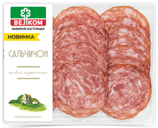 Колбаса Велком Сальчичон сырокопченая полусухая нарезка, 90г