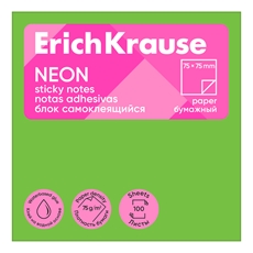 Блок бумажный Erich Krause Neon самоклеящийся зеленый 75 x 75мм, 100л