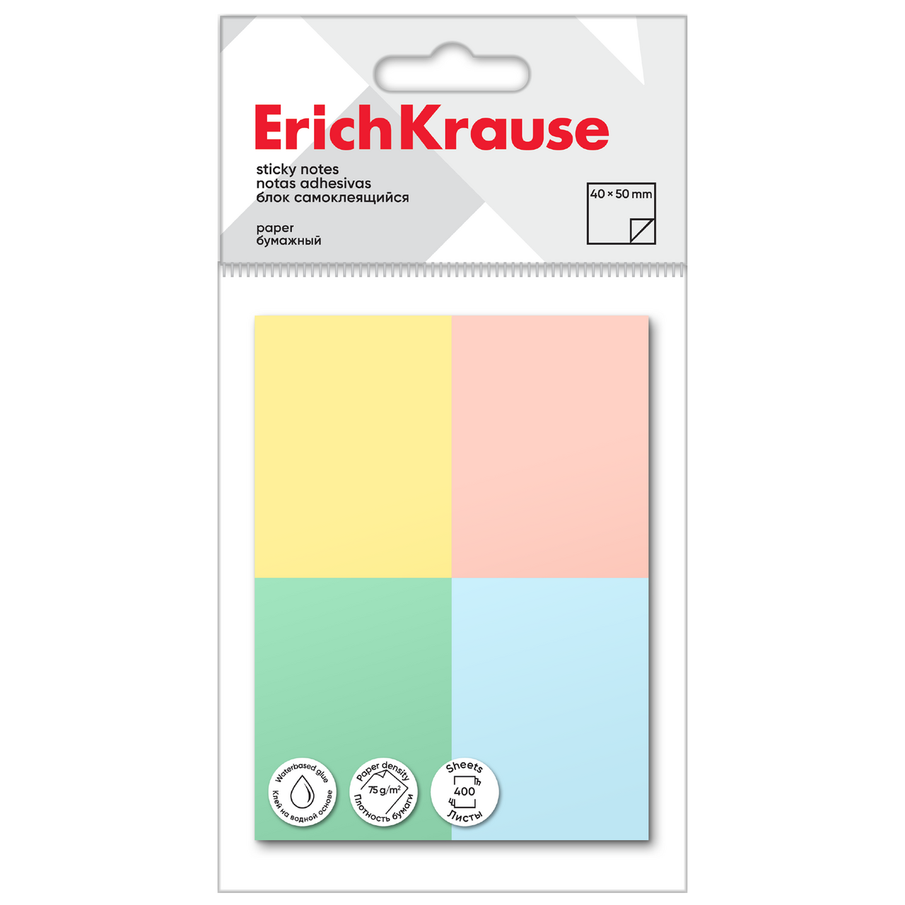 Изображение товара Блок бумажный Erich Krause самоклеящийся ассорти 40 x 50мм 4 цвета, 400л