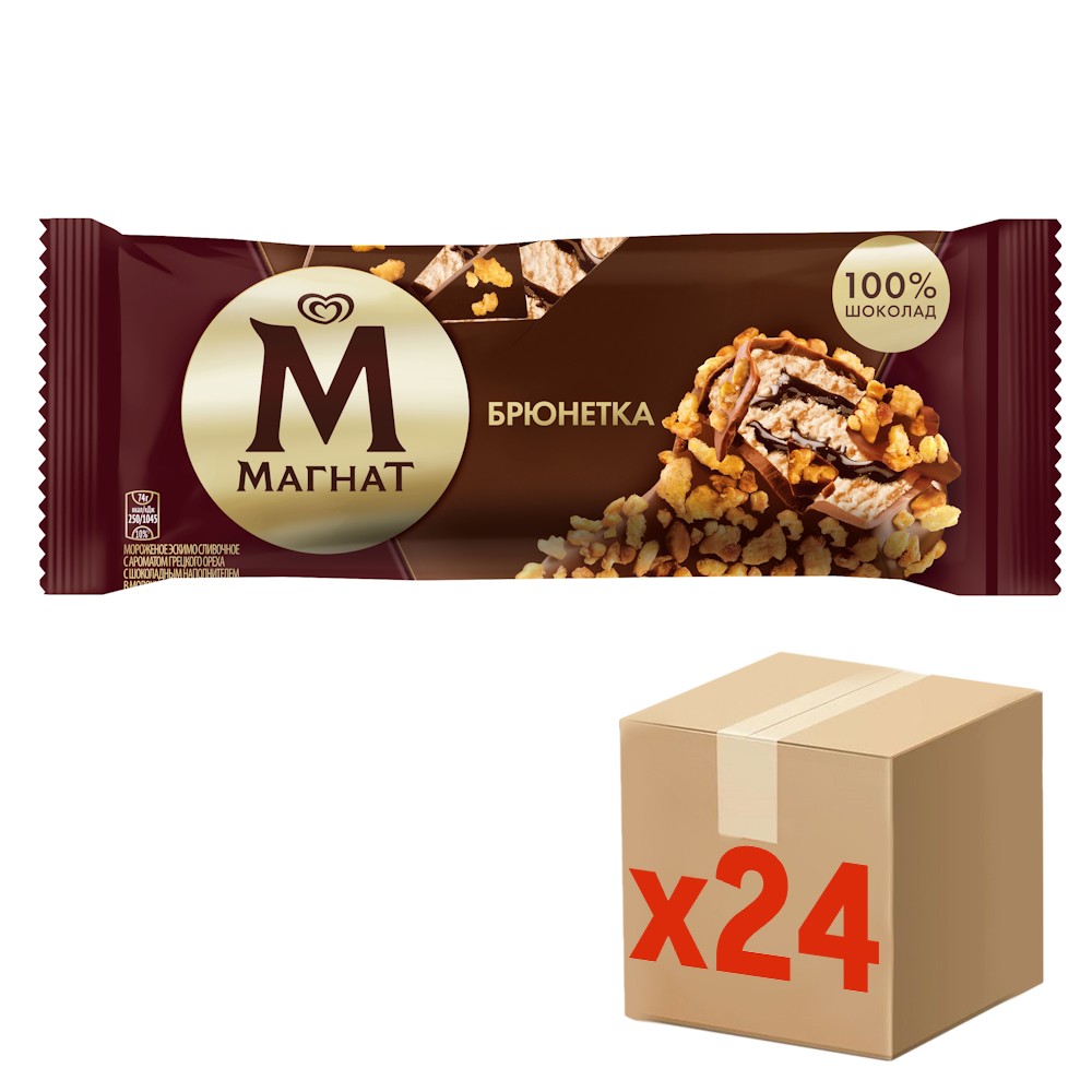 Мороженое сливочное Магнат Брюнетка с шоколадом, орехами и кукурузными хлопьями эскимо, 74г х 24 шт