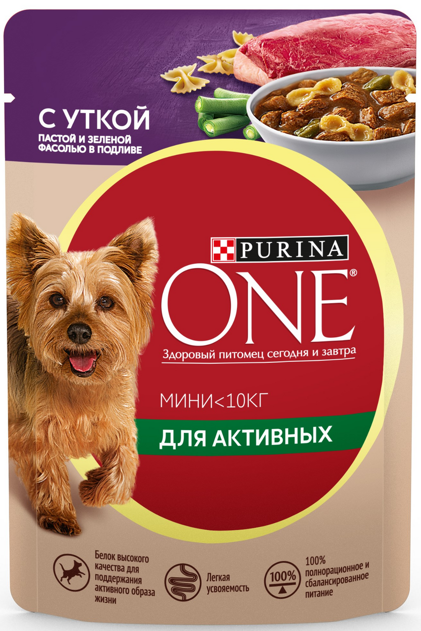 Изображение товара Корм влажный Purina One для собак мелких пород с уткой пастой и зеленой фасолью, 85г