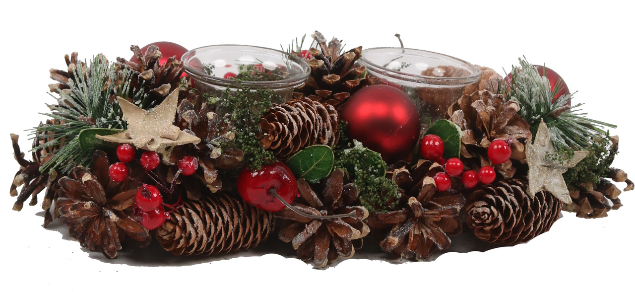 Венок-подсвечник красно-зеленый для двух свечей, 33см