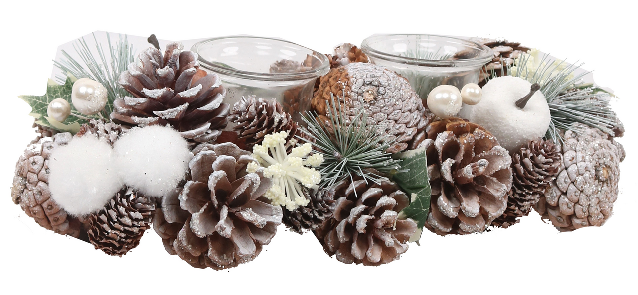 Венок-подсвечник бело-зеленый для двух свечей, 33см