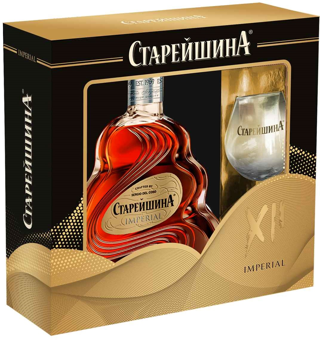 Изображение товара Коньяк Старейшина 12 лет в подарочном наборе с бокалом 0.5л
