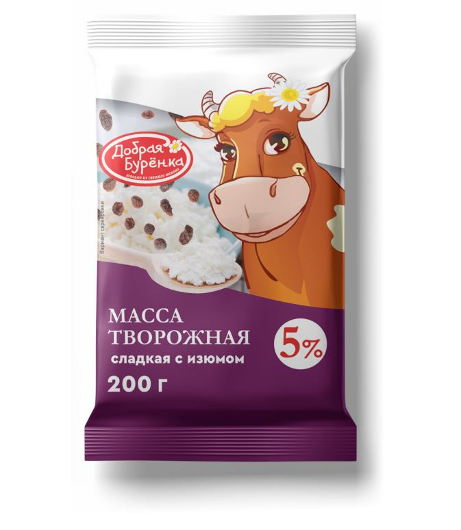 Масса творожная Добрая буренка с изюмом 5%, 200г