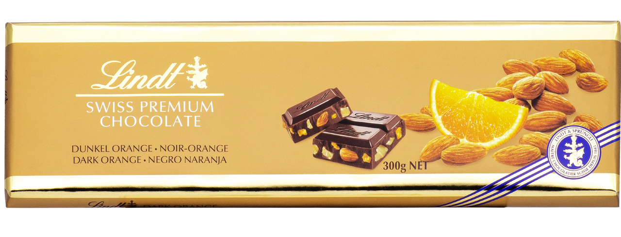 Шоколад Lindt Gold горький с апельсином и миндалем, 300г