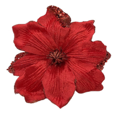 Цветок магнолия Christmasdeluxe на клипсе красный, 20см