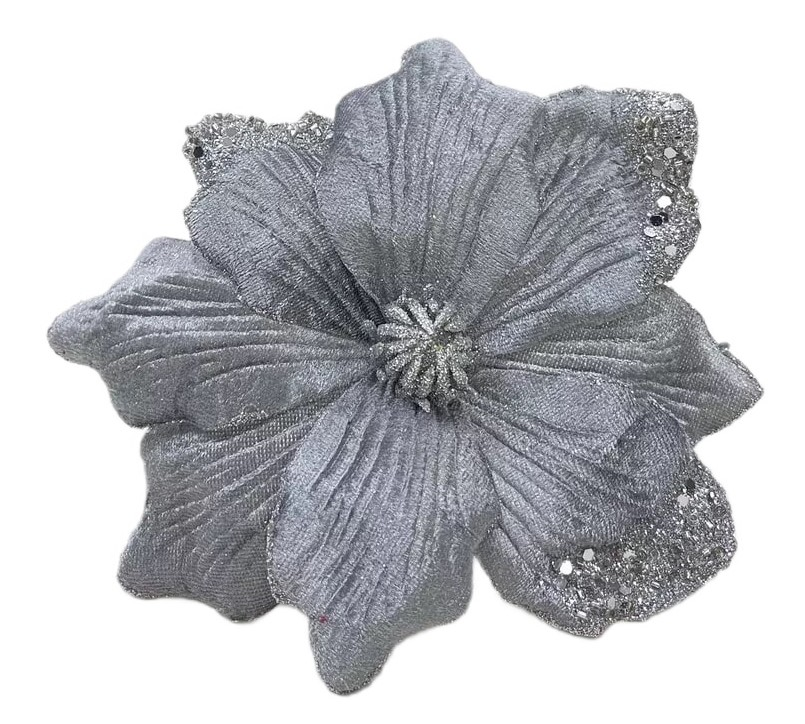 Цветок магнолия Christmasdeluxe на клипсе серый, 20см