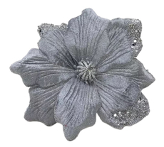 Цветок магнолия Christmasdeluxe на клипсе серый, 20см
