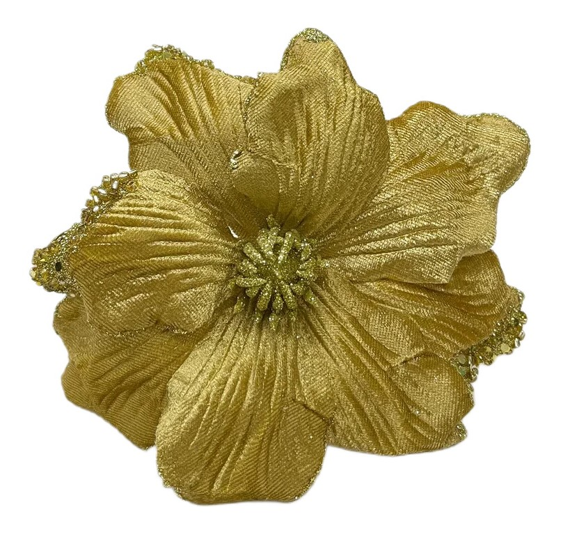 Цветок магнолия Christmasdeluxe на клипсе золотой, 20см