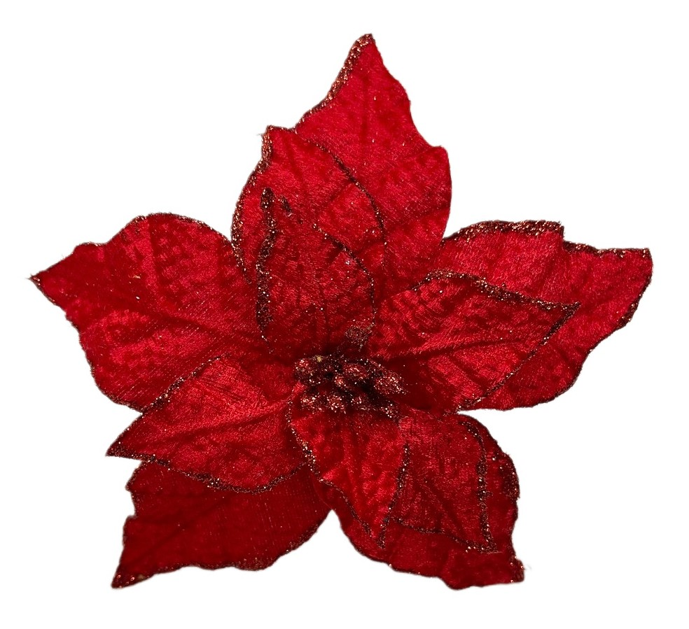 Цветок пуансеттия Christmasdeluxe на клипсе красный из полиэстера, 20см