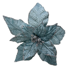 Цветок пуансеттия Christmasdeluxe на клипсе голубой из полиэстера, 20см