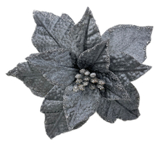 Цветок пуансеттия Christmasdeluxe на клипсе серебряный из полиэстера, 20см