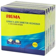 SIGMA Бумага для заметок с клеевым краем ярко-желтая неоновая 7.6 х 7.6см 100 листов, 6шт