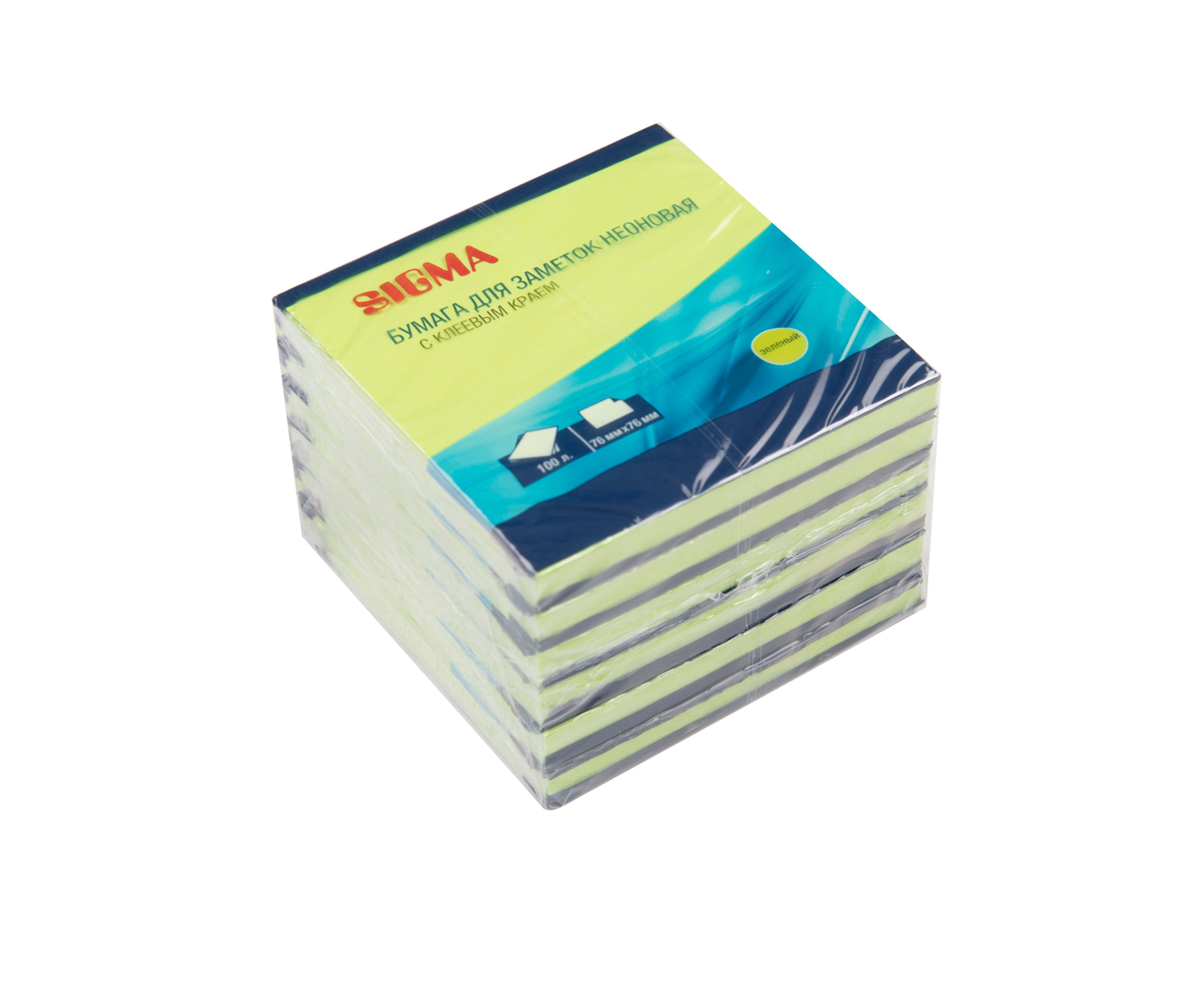 SIGMA Бумага для заметок с клеевым краем ярко-зеленая неоновая 7.6 х 7.6см 100 листов, 6шт