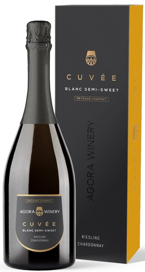 Вино игристое Agora Cuvee Riesling Chardonnay в подарочной упаковке белое полусладкое, 0.75л