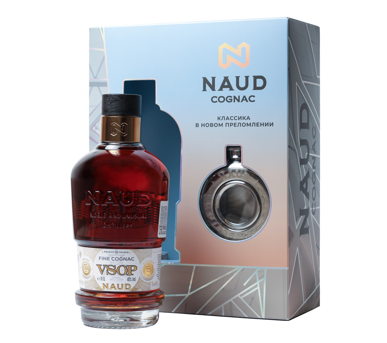 Изображение товара Коньяк Naud VSOP с металлической фляжкой в подарочной упаковке, 0.7л
