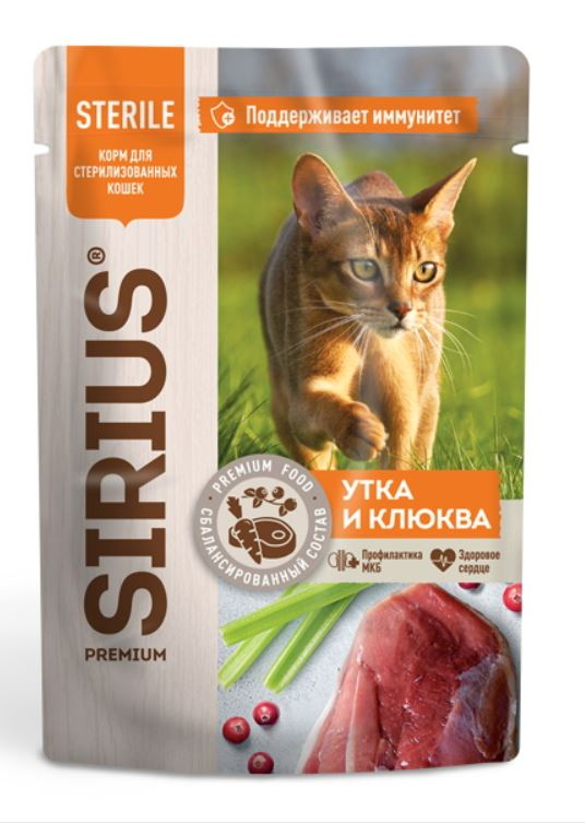 Изображение товара Корм влажный Sirius Premium для стерилизованных кошек с уткой и клюквой, 85г