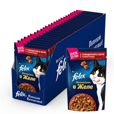 Корм влажный Felix Sensations для взрослых кошек с говядиной и томатами в желе, 85г x 26 шт