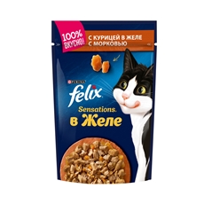 Корм влажный Felix Sensations для взрослых кошек с курицей и морковью в желе, 85г