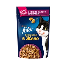 Корм влажный Felix Sensations для взрослых кошек с уткой и шпинатом в желе, 85г