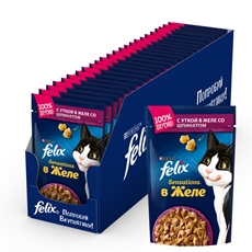 Корм влажный Felix Sensations для взрослых кошек с уткой и шпинатом в желе, 85г x 26 шт