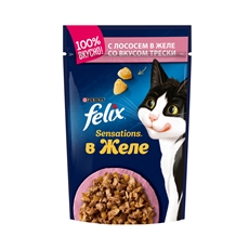 Корм влажный Felix Sensations для взрослых кошек с лососем и вкусом трески в желе, 85г