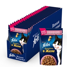 Корм влажный Felix Sensations для взрослых кошек с лососем и вкусом трески в желе, 85г x 26 шт