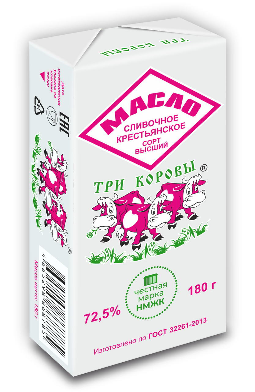 Масло сливочное Три коровы Крестьянское ГОСТ 72.5%, 180г