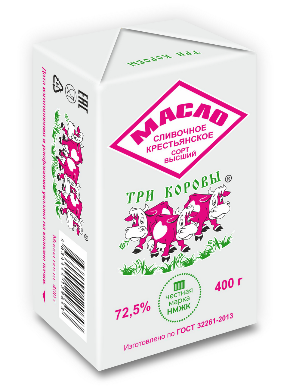 Масло сливочное Три коровы Крестьянское ГОСТ 72.5%, 400г