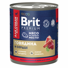Корм консервированный Brit Premium для собак с говядиной и сердцем, 750г