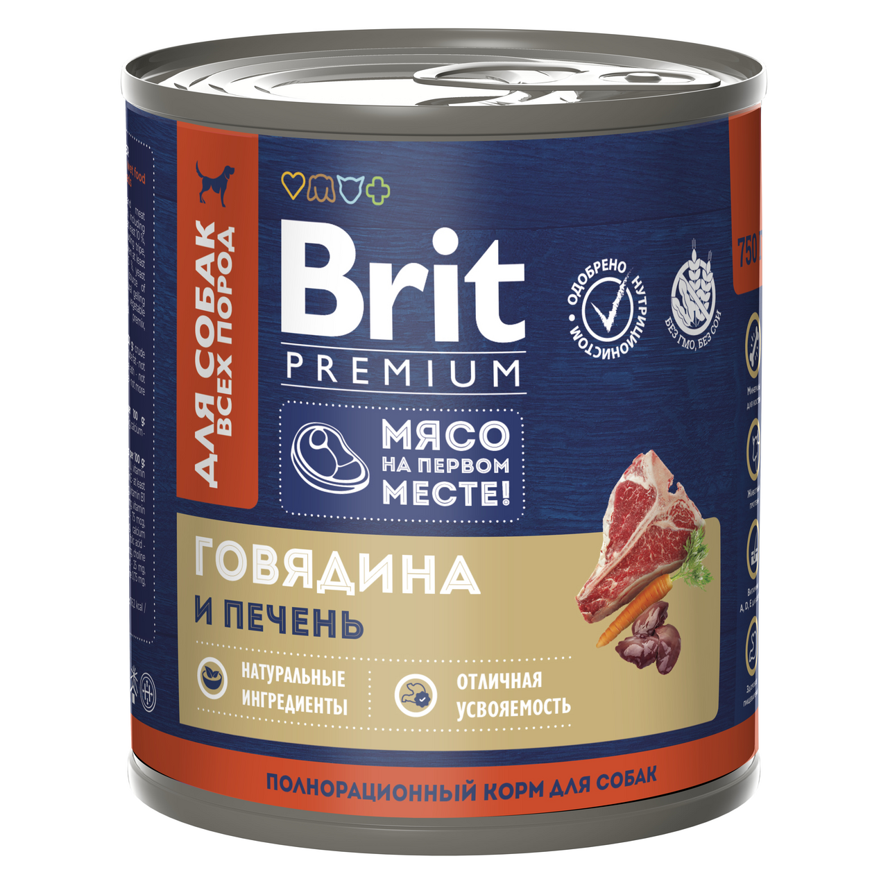 Изображение товара Корм консервированный Brit Premium для собак с говядиной и печенью, 750г