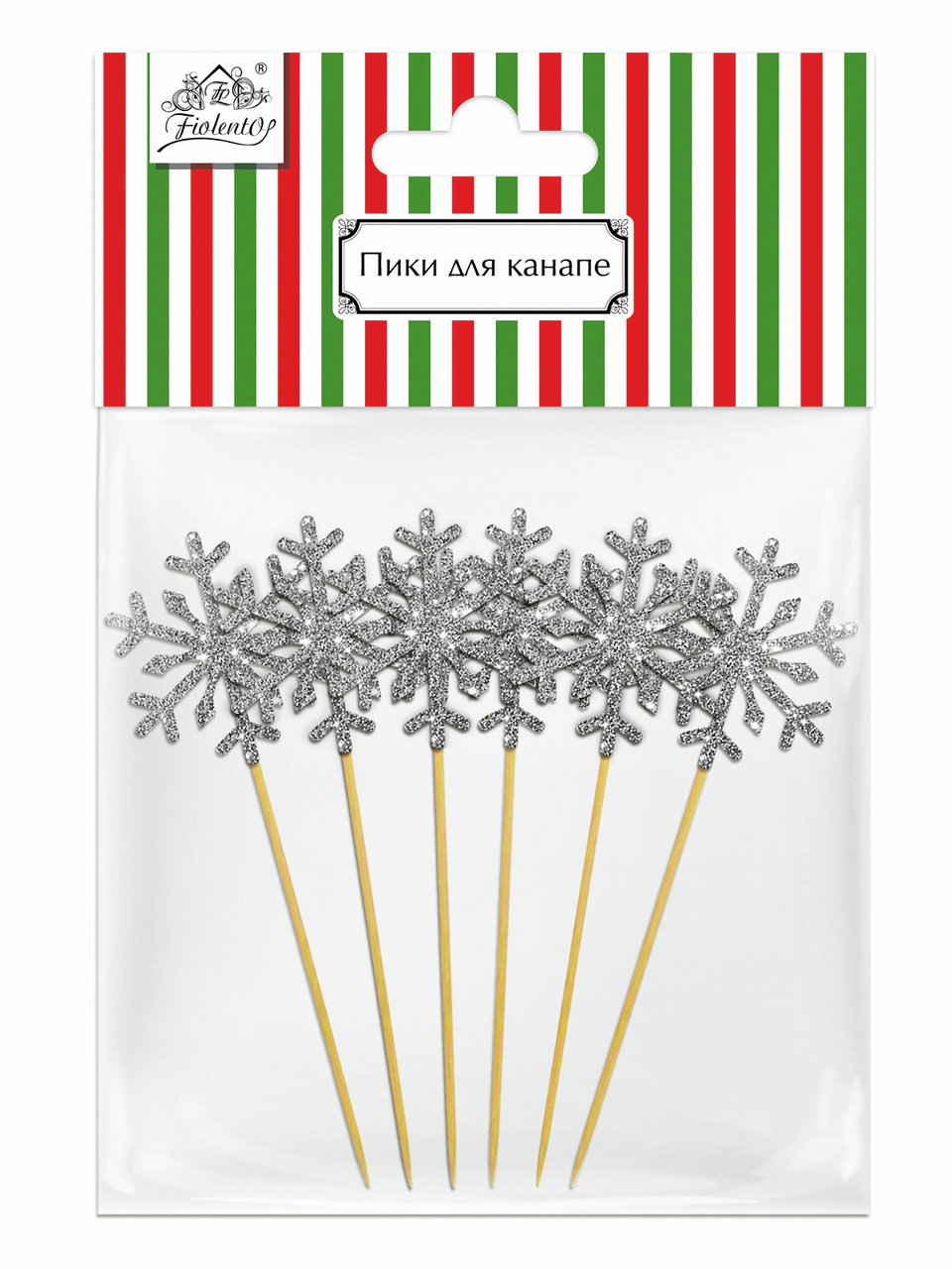 Пики для канапе Fiolento Зима снежинка серебряные, 6шт