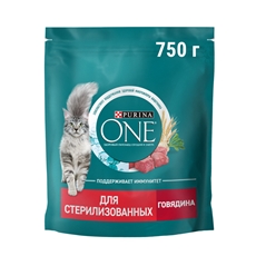 Корм сухой Purina One для стерилизованных кошек и кастрированных котов с говядиной и пшеницей, 750г