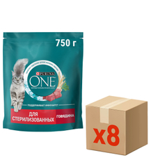 Корм сухой Purina One для стерилизованных кошек и кастрированных котов с говядиной и пшеницей, 750г x 8 шт